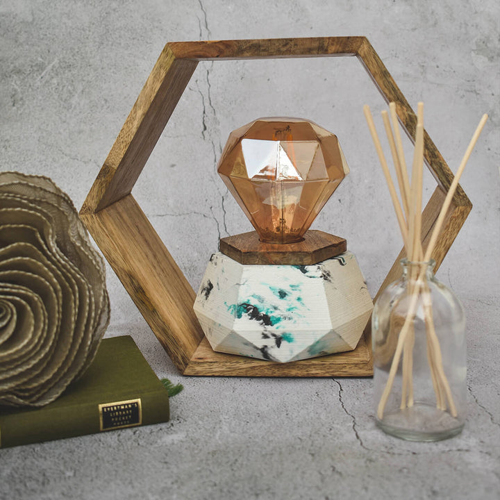 Handcrafted Concrete Hexagonal Wooden Frame LED Lamp With Edison Bulb
