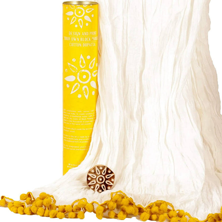 Yellow Floral Dupatta Block Print DIY Kit | Includes 1 White cotton dupatta, 1 Fabric paint, 1 Wooden block And 1 Sponge