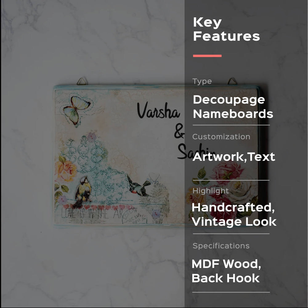 Decoupage Rectangle Name Plate With Butterfly Artwork - Front View Hanging on Hook