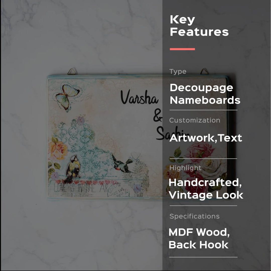 Decoupage Rectangle Name Plate With Butterfly Artwork - Front View Hanging on Hook