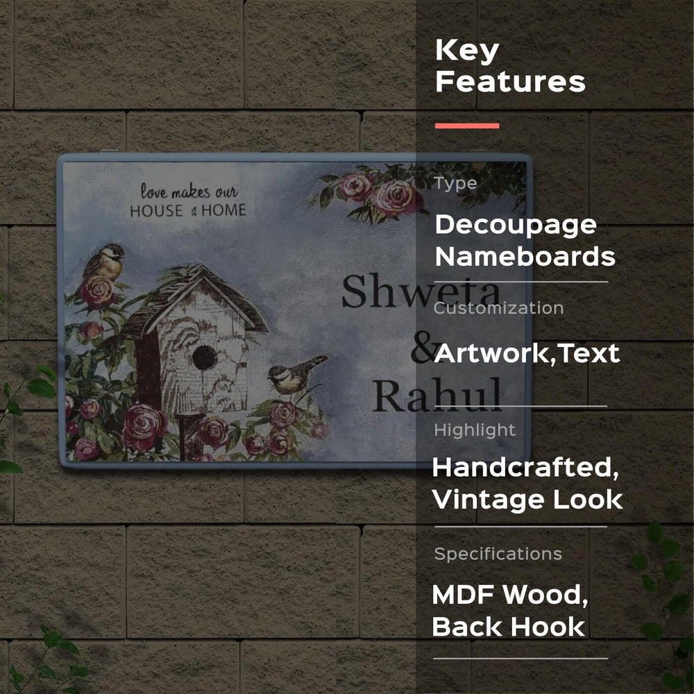 Decoupage Rectangle Couple Name Plate With Hut Artwork - Mounted on Wall Display