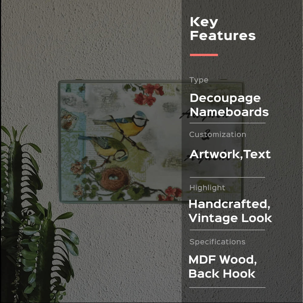 Decoupage Rectangle Couple Name Plate With Nest Artwork - Mounted on Wall with Visible Hook