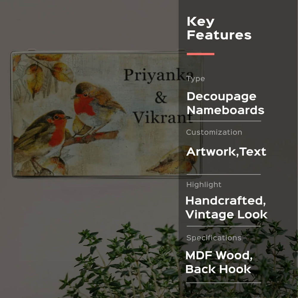 Decoupage Rectangle Couple Name Plate With Birds Artwork - Front View with Text Personalization