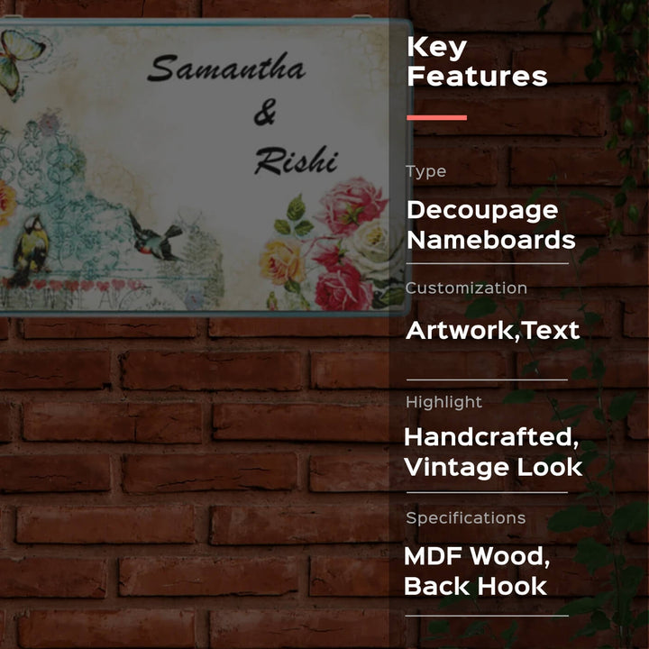 Decoupage Rectangle Couple Name Plate With Butterfly Artwork - Mounted on Brick Wall Front View