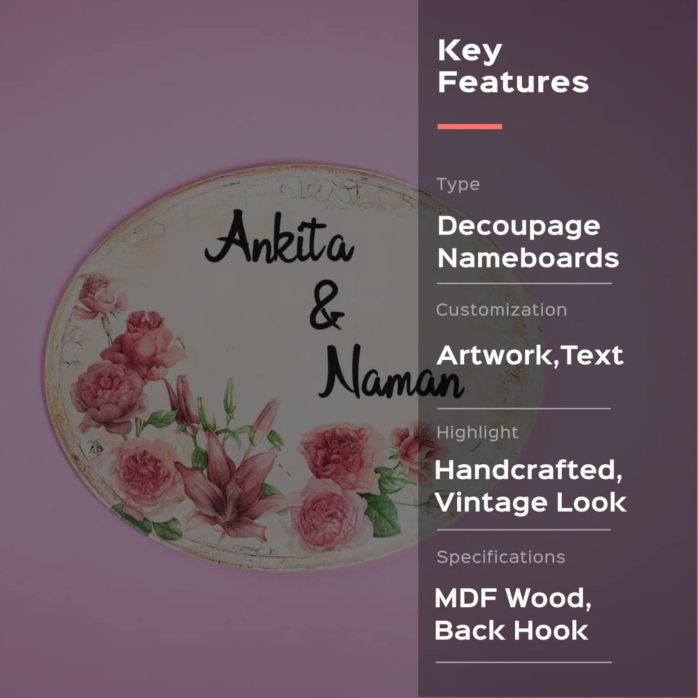 Decoupage Oval Name Plate With Floral Artwork - Front View with Custom Text