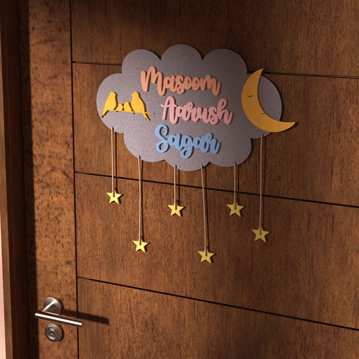 Three Names Purple Cloud Name Plate Yellow Stars - Mounted on Door Display