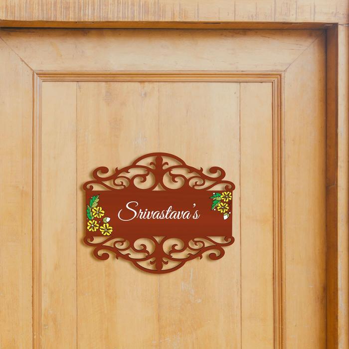 Brown Rectangle Family Name Plate With Yellow Daisies - Mounted on Door Center
