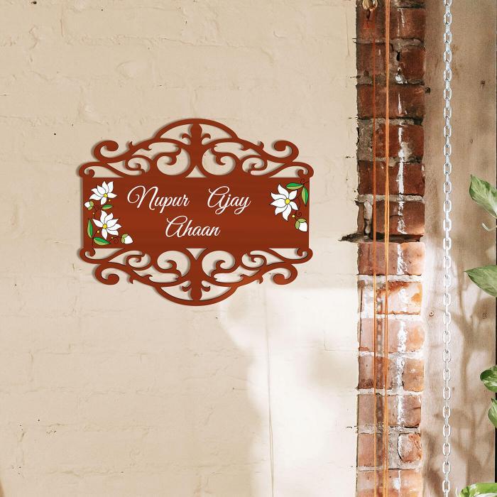Brown Rectangle Three Names Plate With White Lotus - Mounted on Wall Display
