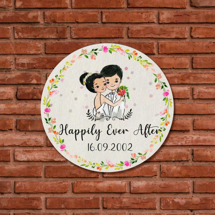 Round Hand Painted Character Name Plate Happily Ever After - Mounted on Brick Wall Front View