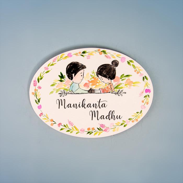 Oval Hand Painted Character Name Plate For Couple - Front View Name Personalization Example