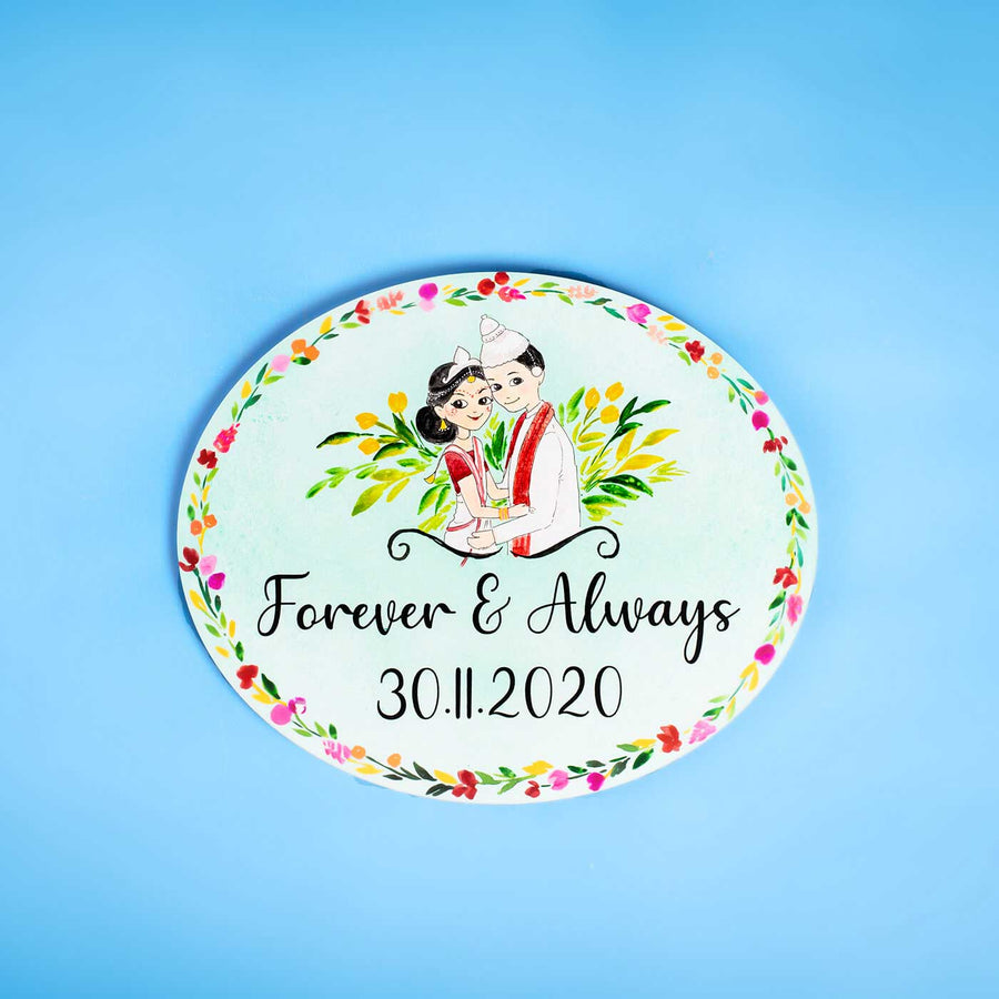 Oval Hand Painted Character Name Plate Bengali Couple - Top View with Custom Text Display