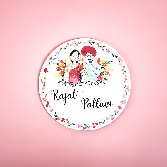 Round Hand Painted Character Name Plate Punjabi Couple - Front View with Name Personalization