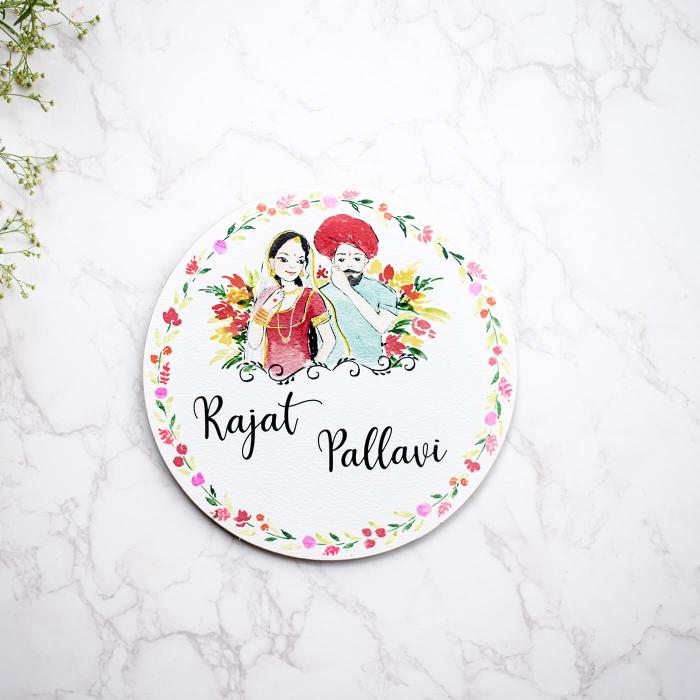 Round Hand Painted Character Name Plate Punjabi Couple - Top View with Personalization Example