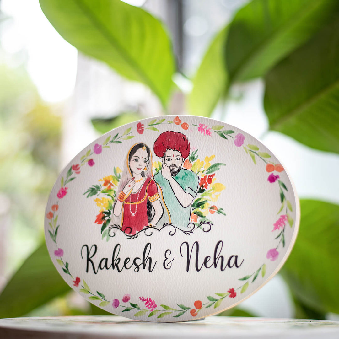 Oval Hand Painted Character Name Plate Rajasthani Couple - Front View with Personalized Illustration