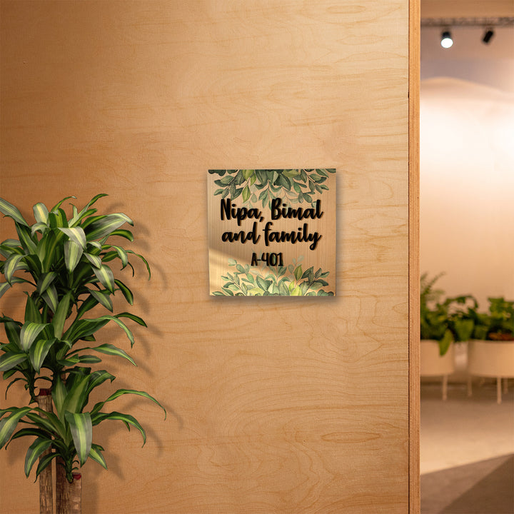 Personalised Wooden Botanical Square Name Plate - Mounted on Entryway Wall
