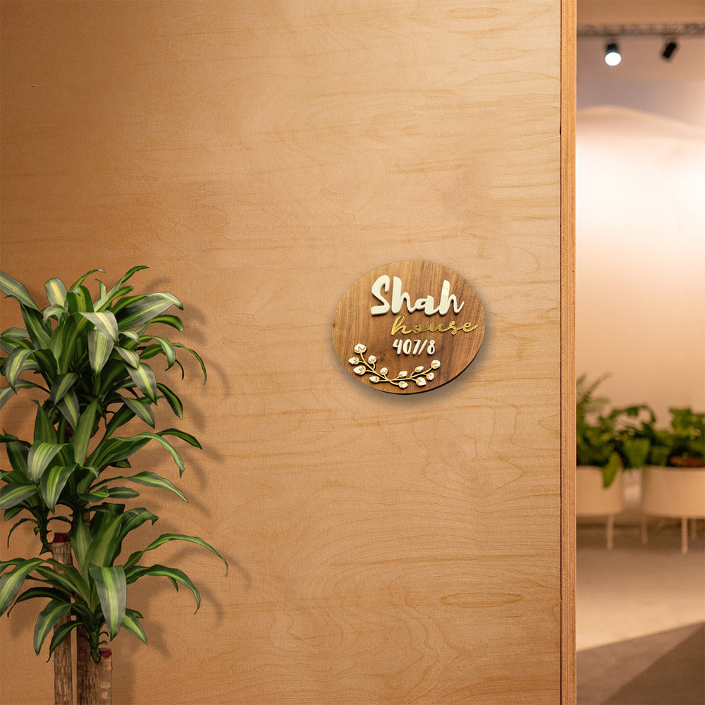 Personalised Wooden Round Floral Name Plate - Mounted on Entryway Wall