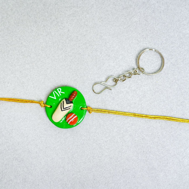Handmade Personalized Rakhi Keychain With Roli Chawal 5 - Cricket theme rakhi with keychain