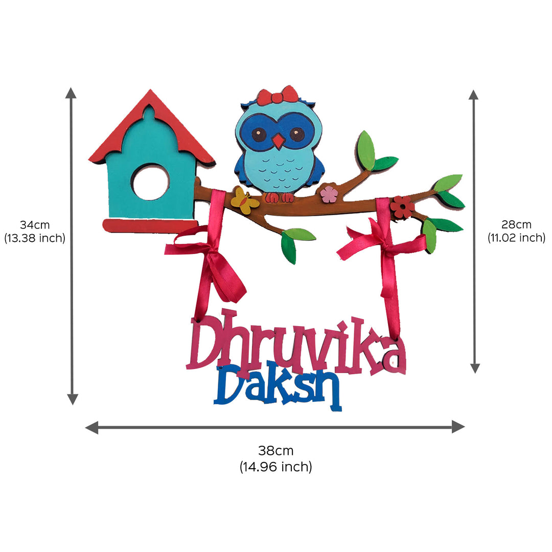 Cute Owl Kids Name Plate For Siblings - Dimension Chart with Name Personalization