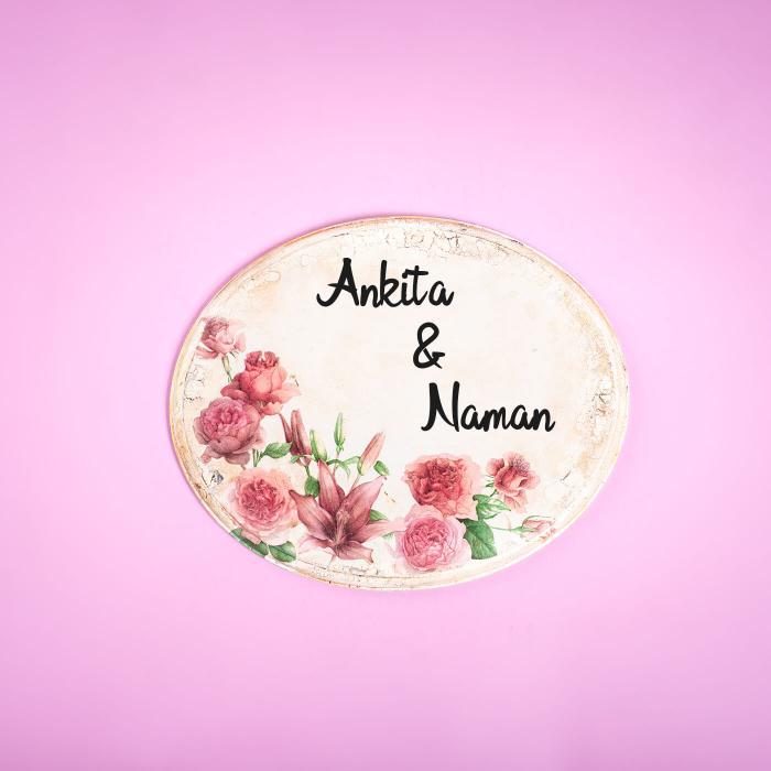 Decoupage Oval Name Plate With Floral Artwork - Name Personalization Example Front View