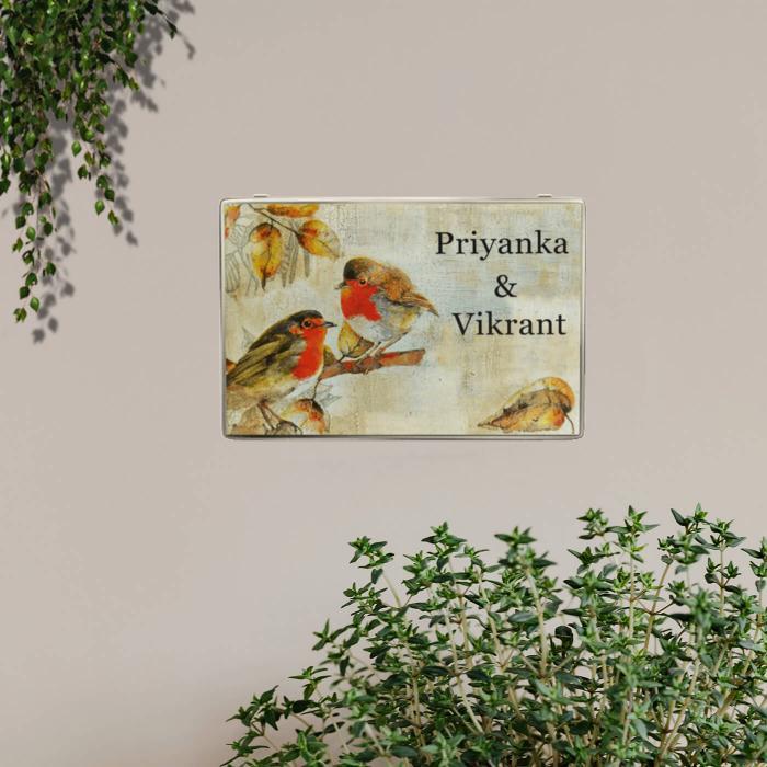 Decoupage Rectangle Couple Name Plate With Birds Artwork - Mounted on Wall with Name Personalization