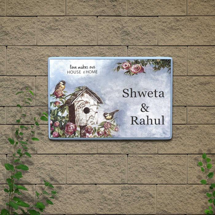 Decoupage Rectangle Couple Name Plate With Hut Artwork - Mounted on Exterior Wall