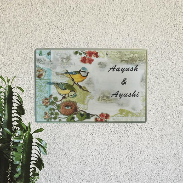 Decoupage Rectangle Couple Name Plate With Nest Artwork - Mounted on Textured Wall