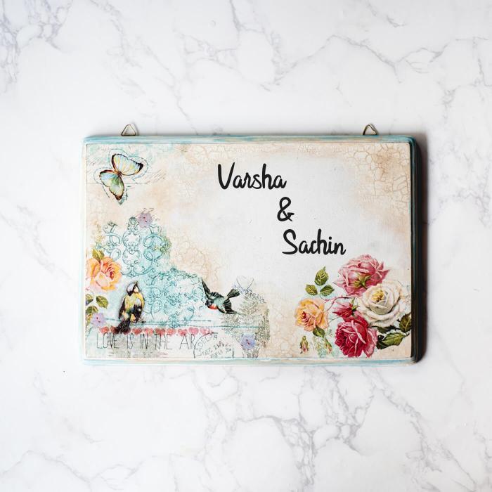 Decoupage Rectangle Name Plate With Butterfly Artwork - Mounted on Wall Flat Lay