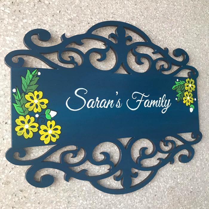 Family Name Plate With Hand Painted Madhubani Art - Name Personalization Example Hanging Angle