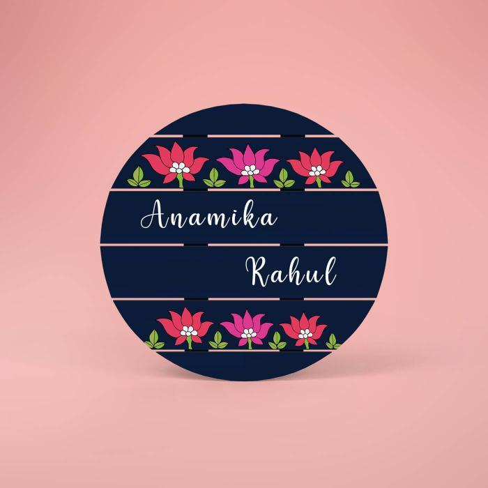 Floral Circle Name Plate In Blue - Name Personalization Example Front View
