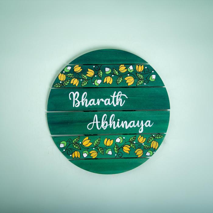 Floral Circle Name Plate In Green - Front View with Name Personalization