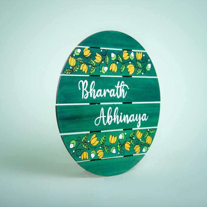 Floral Circle Name Plate In Green - Angled Side View Showing Depth