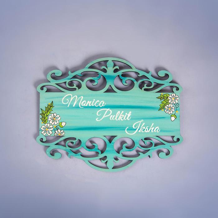 Floral Name Plate In Teal - Front View with Name Personalization