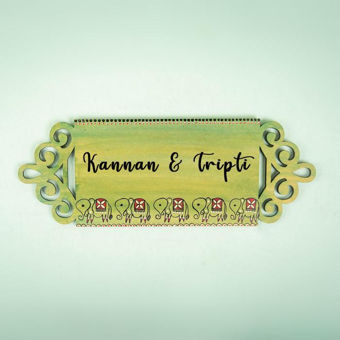 Green Small Rectangle Name Plate With Madhubani Elephant - Front View with Name Personalization