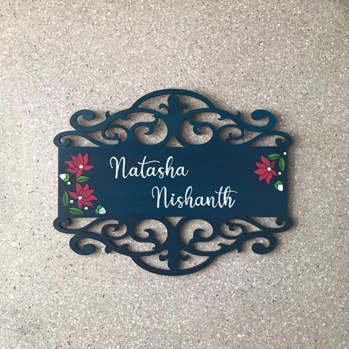 Hand Painted Madhubani Name Plate For Couples - Flat Lay Front View with Personalization