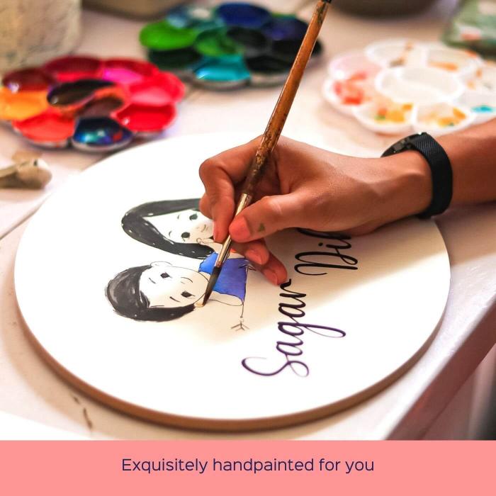 Oval Hand Painted Character Name Plate Maharashtrian Couple - Painting Process Close-up
