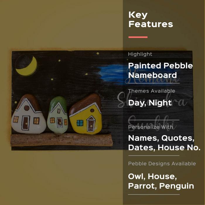 3 Houses Pebble Art Name Plate - Front View Showing Painted Pebbles