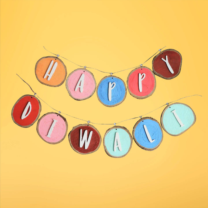 28 In | Happy Diwali Teak Wood Bark Coaster Bunting
