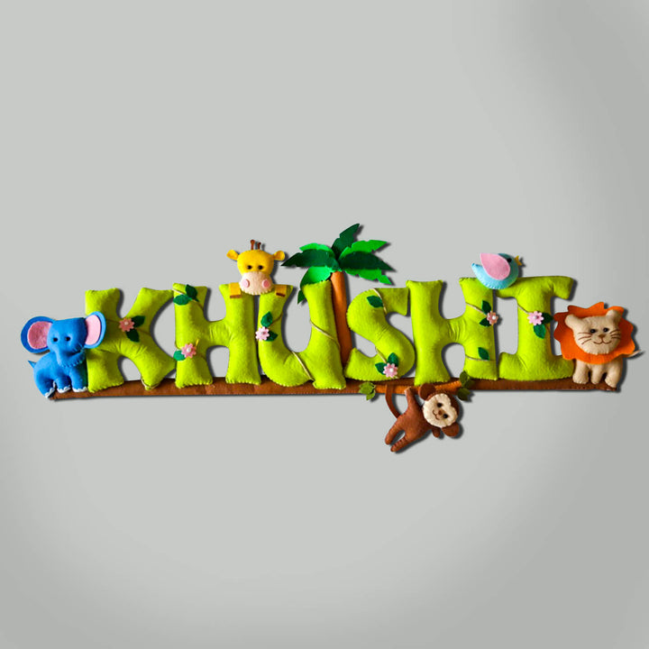 Hand Stitched Jungle Themed Felt Bunting Green - Front View Hanging Name Sign