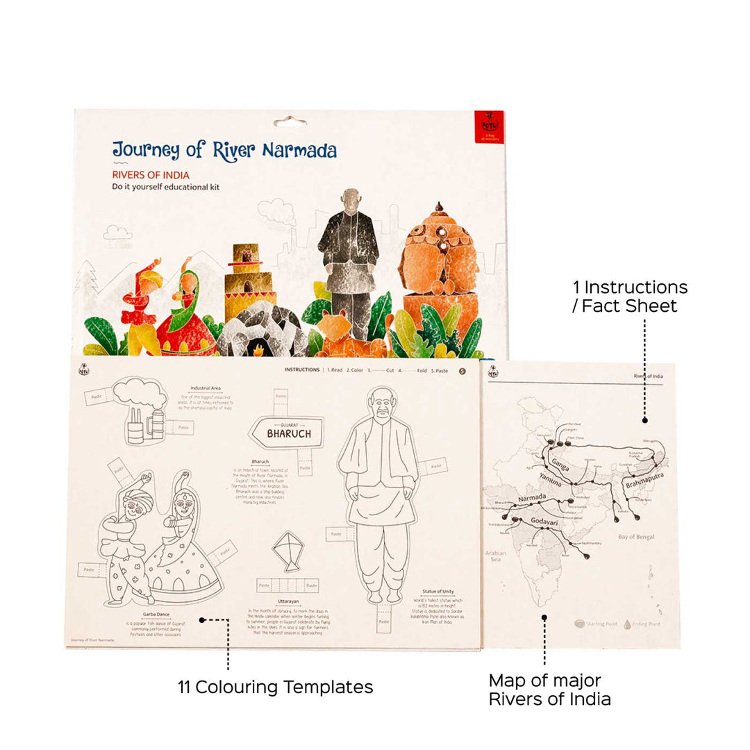 Narmada Rivers of India DIY Kit | 11 Coloring Templates, 1 Map Of India And Instruction Sheet