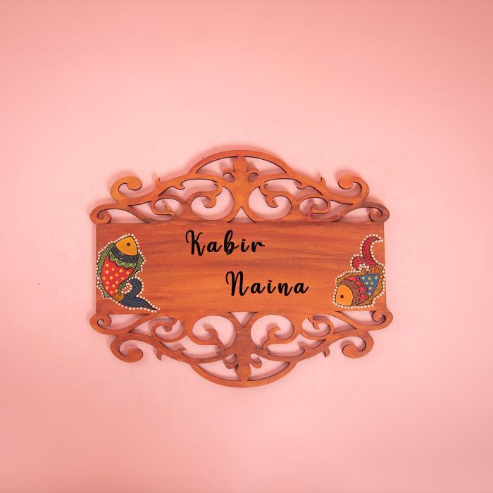 Madhubani Fish Ethnic Name Plate - Front View with Name Personalization