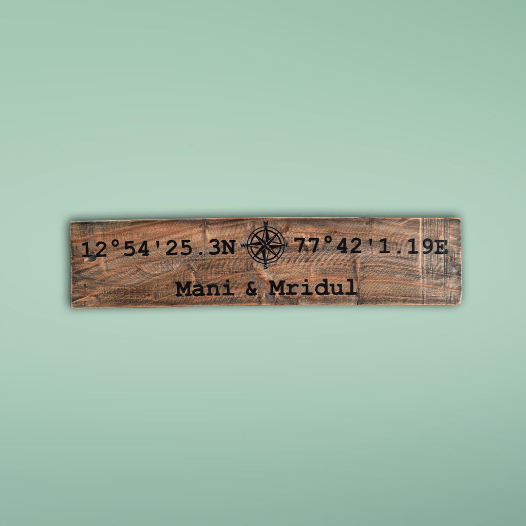 Rustic Wood Hand Painted Couple Name Plate With Co Ordinates - Front View with Name Personalization