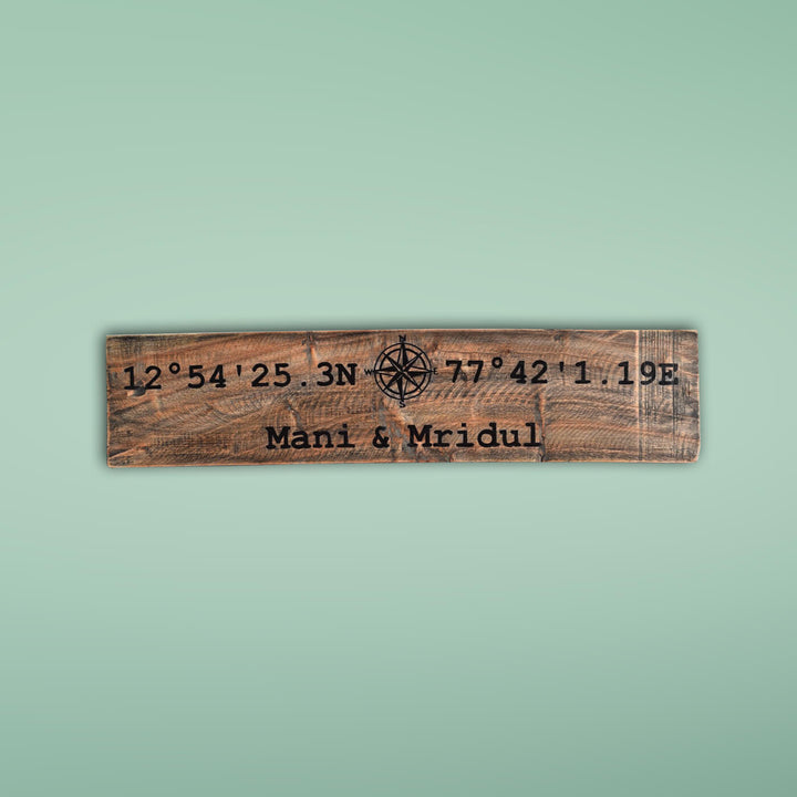 Rustic Wood Hand Painted Couple Name Plate With Co Ordinates - Front View with Name Personalization