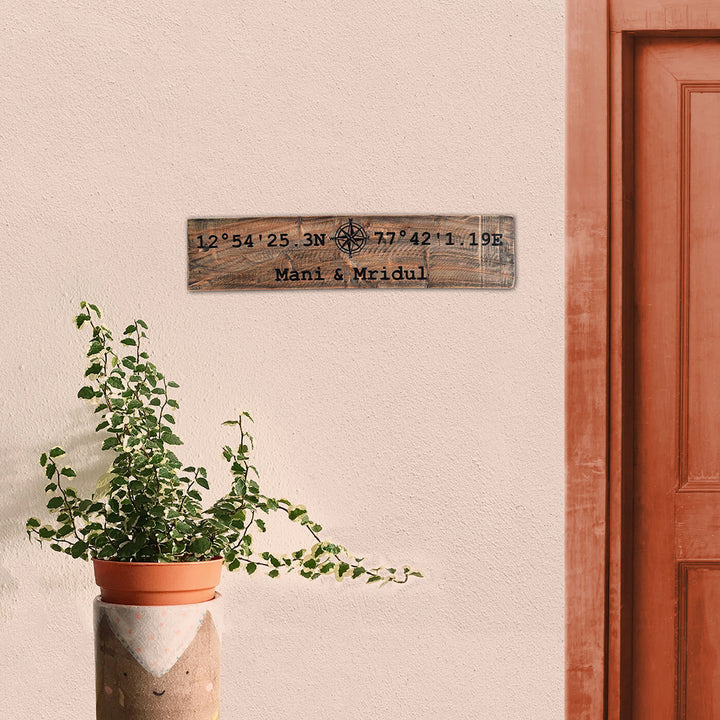 Rustic Wood Hand Painted Couple Name Plate With Co Ordinates - Mounted on Wall Next to Door