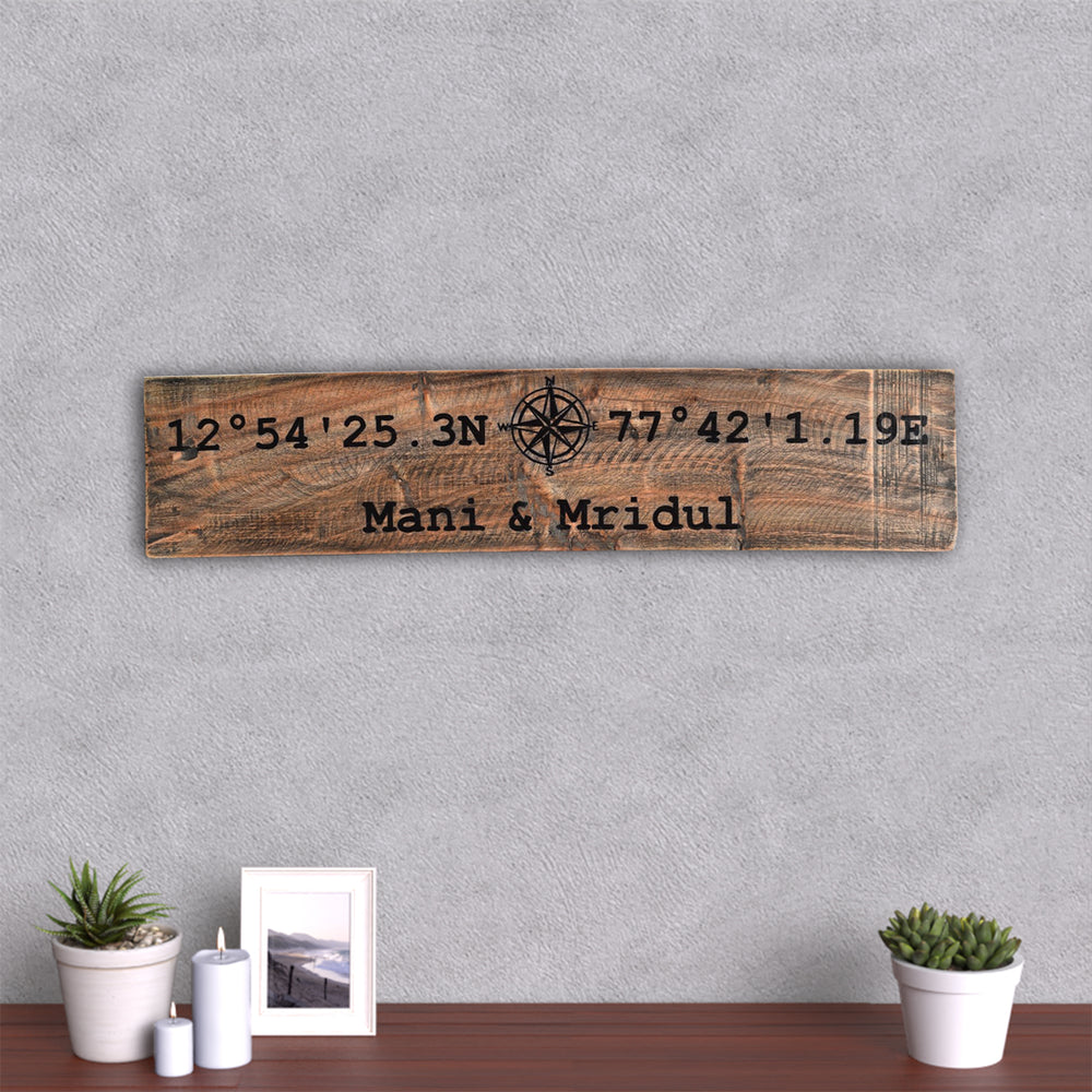 Rustic Wood Hand Painted Couple Name Plate With Co Ordinates - Front View Mounted on Wall