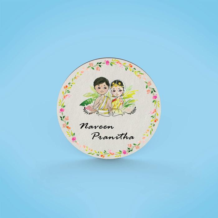Round Hand Painted Character Name Plate South Indian Couple 1 - Name Personalization Example Front View
