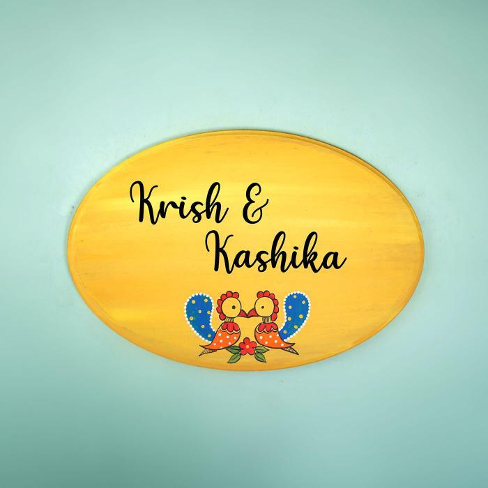 Oval Yellow Couple Name Plate With Peacock Art - Front View with Name Personalization
