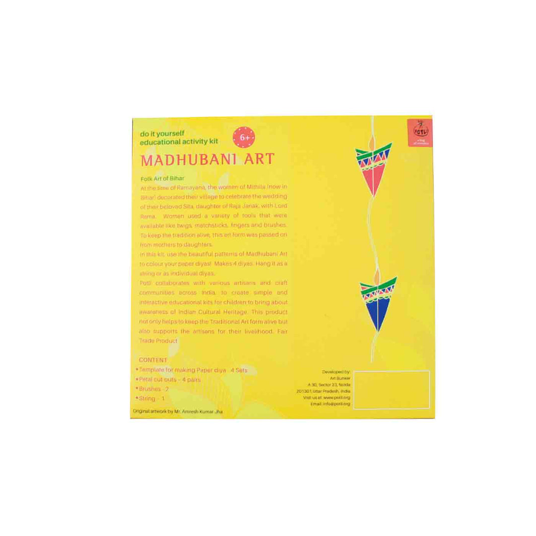 Madhubani Themed Paper Diya DIY Kit | Includes Paper Diya Template, Jute String And Natural Colors