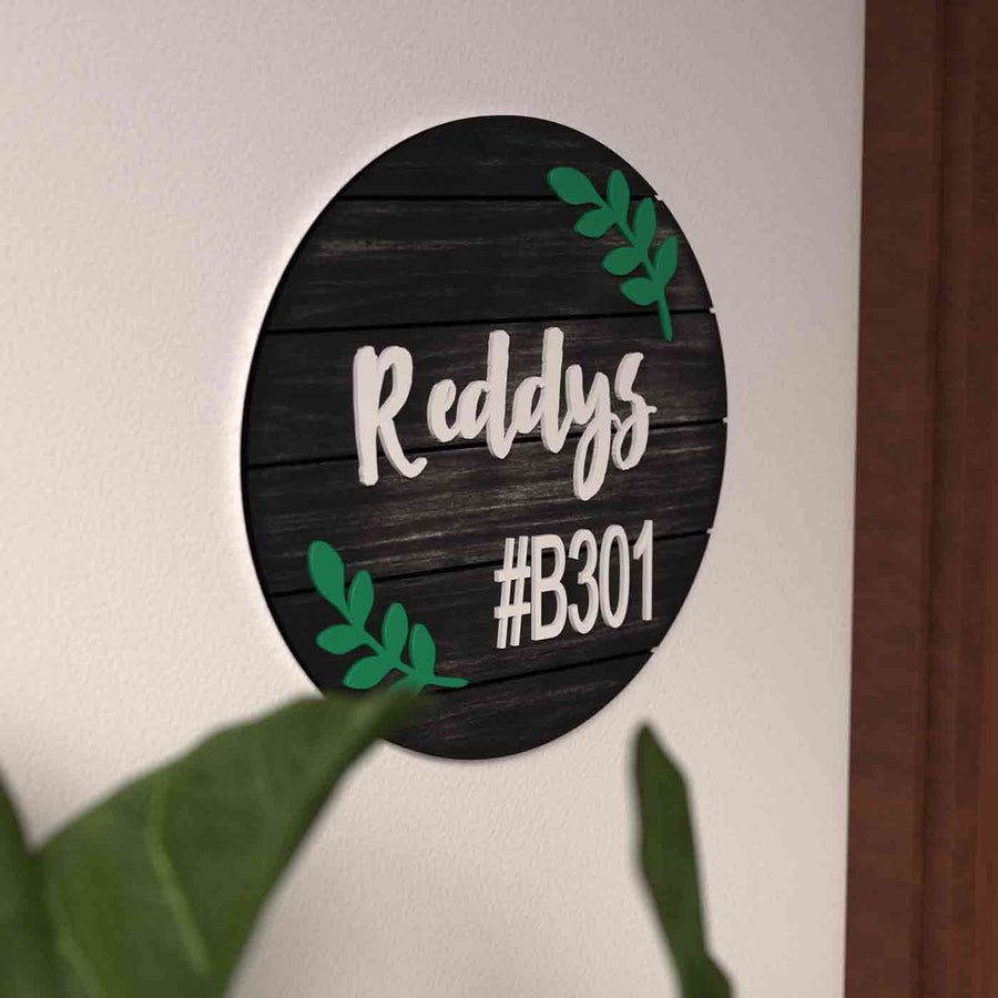 Circular Name Plate Family Name - Mounted on Wall Angled View