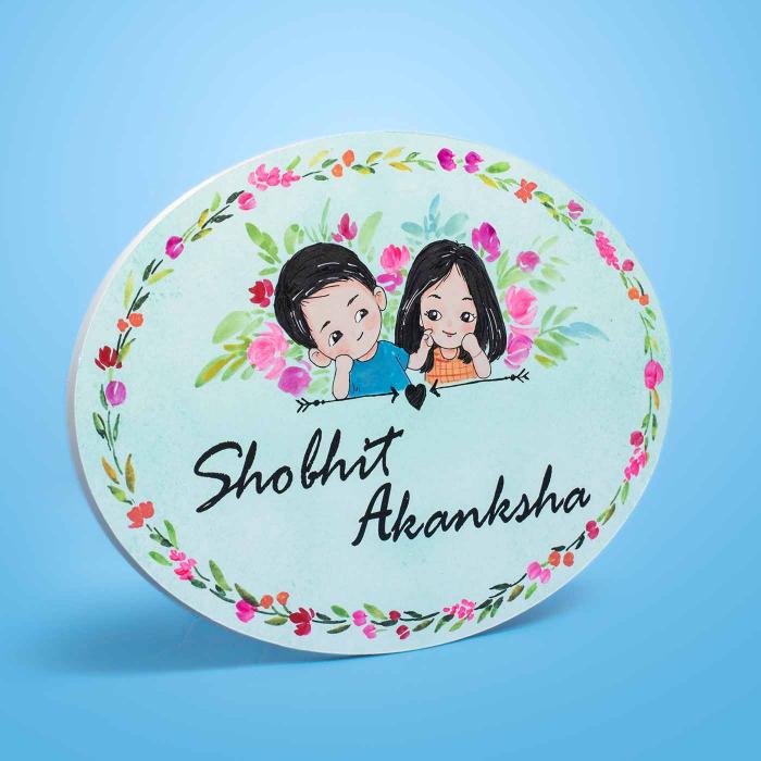 Oval Hand Painted Character Name Plate For Couple Teal Background - Front View with Name Personalization