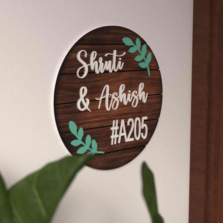 Circular Name Plate For Couples - Mounted on Wall Close-up